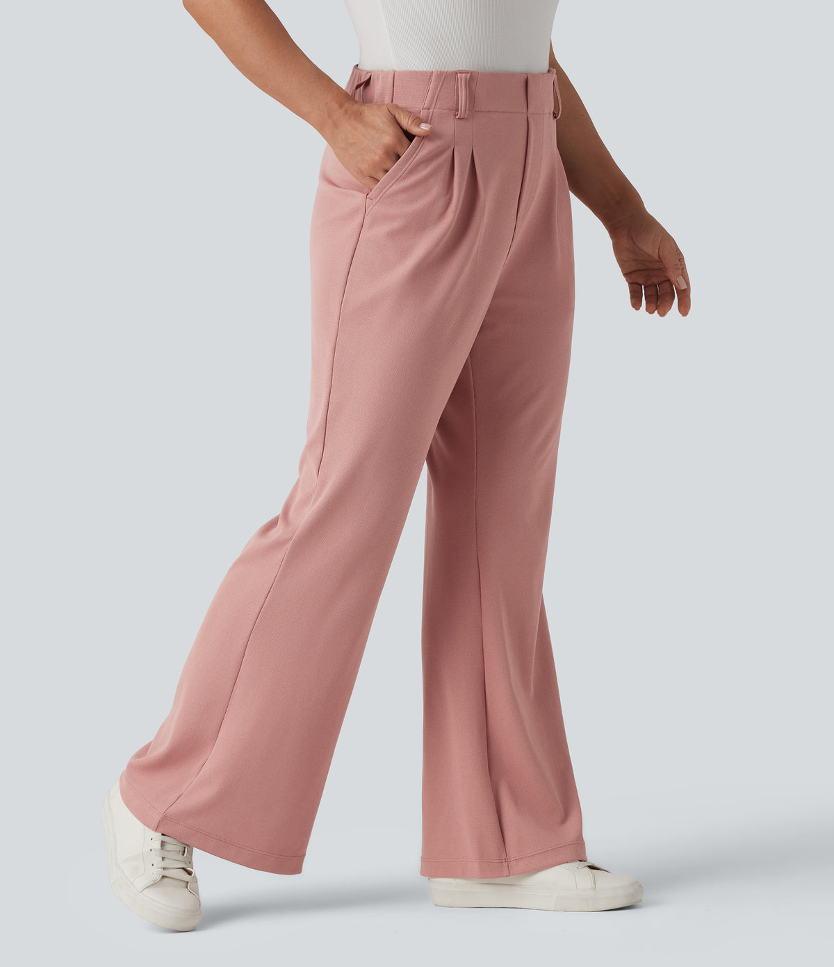 High Waisted Flare Waffle Work Trousers with Pockets — Rose Tan — view 3