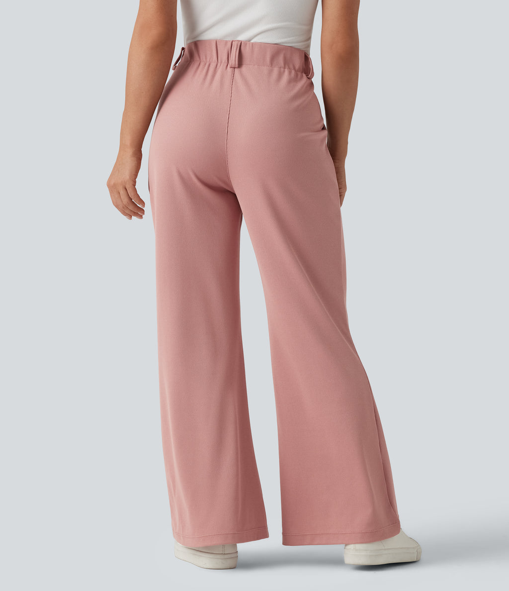 High Waisted Flare Waffle Work Trousers with Pockets — Rose Tan — view 2