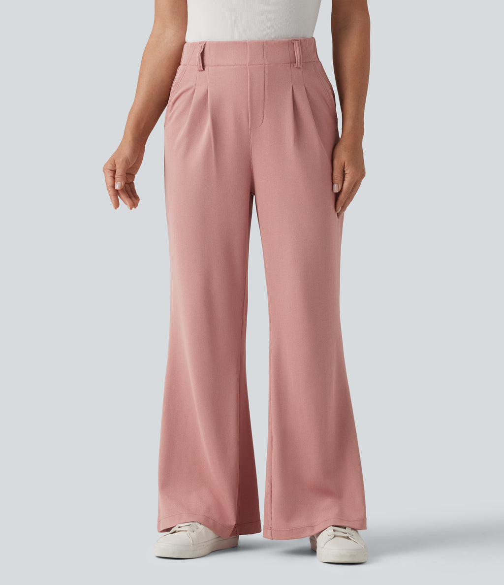 High Waisted Flare Waffle Work Trousers with Pockets — Rose Tan — view 1