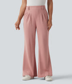 High Waisted Flare Waffle Work Trousers with Pockets — Rose Tan — view 1