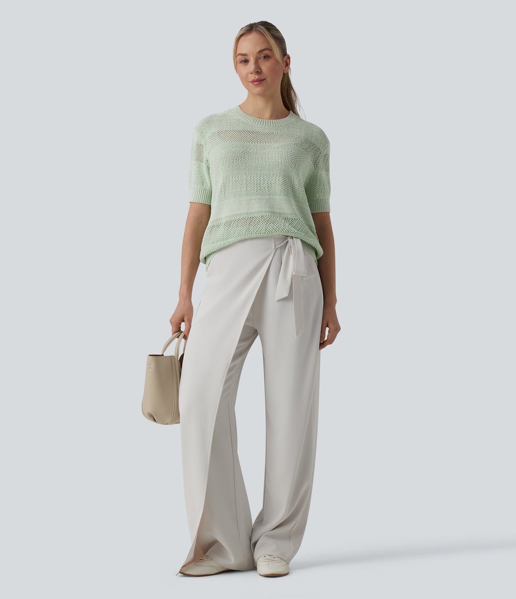 Round Neck Short Sleeve Crochet Work Jumper — Mineral Gray — view 6