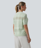 Round Neck Short Sleeve Crochet Work Jumper — Mineral Gray — view 2