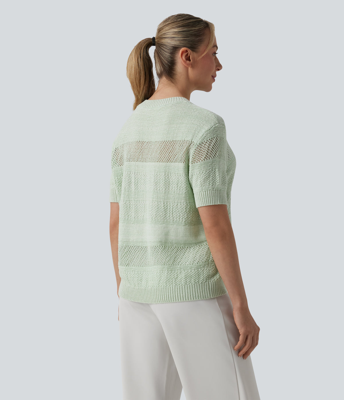 Round Neck Short Sleeve Crochet Work Jumper — Mineral Gray — view 2