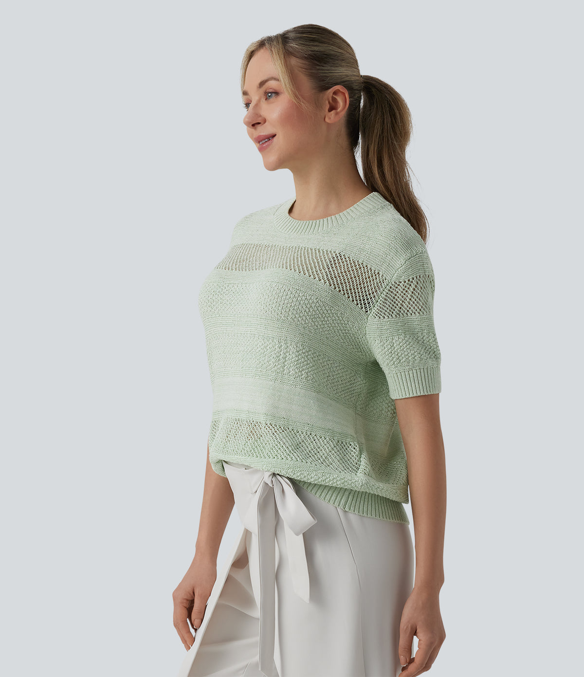 Round Neck Short Sleeve Crochet Work Jumper — Mineral Gray — view 3