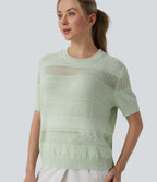 Round Neck Short Sleeve Crochet Work Jumper — Mineral Gray — view 5