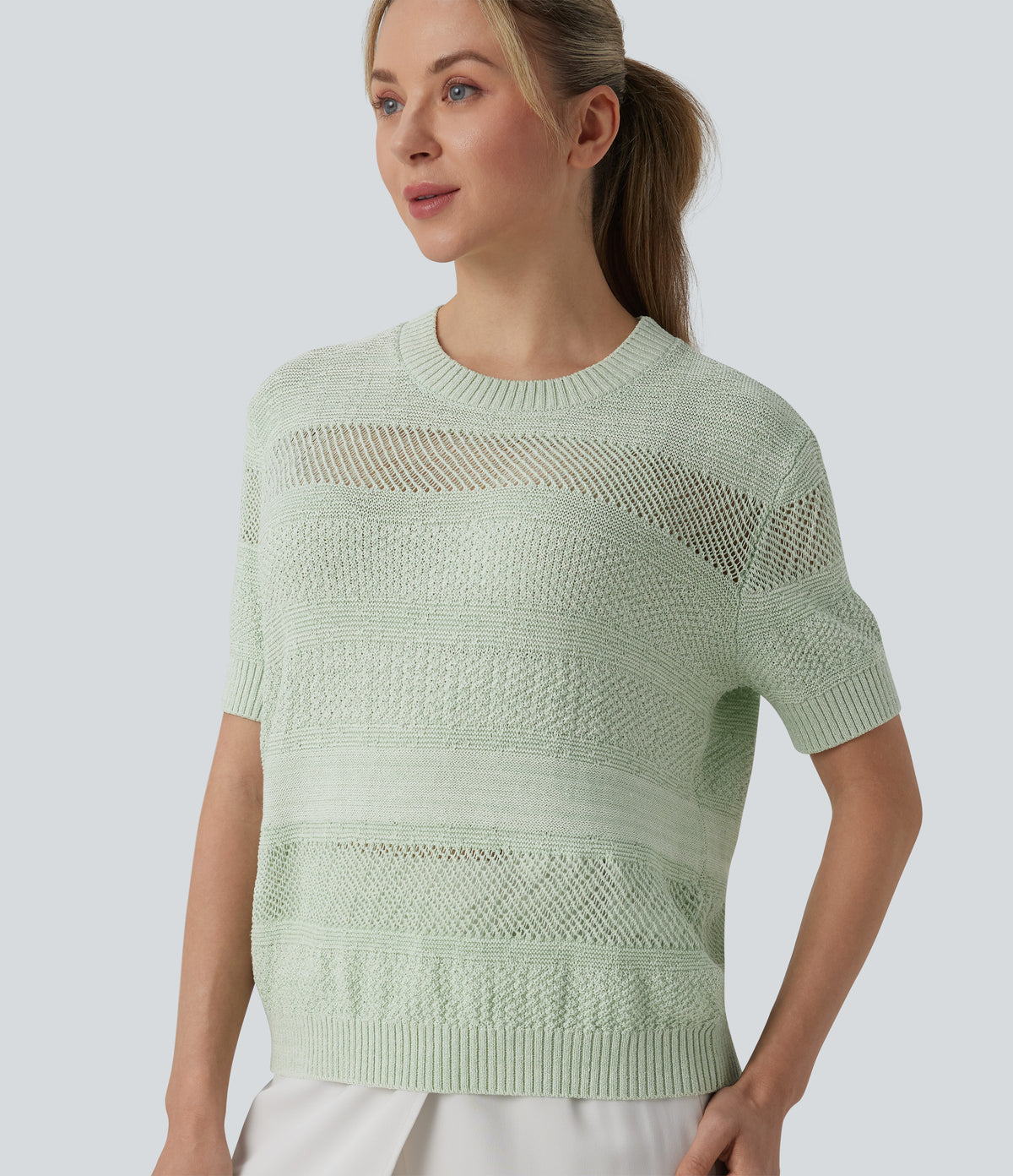 Round Neck Short Sleeve Crochet Work Jumper — Mineral Gray — view 5