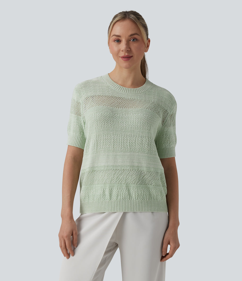 Round Neck Short Sleeve Crochet Work Jumper — Mineral Gray — view 4
