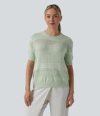 Round Neck Short Sleeve Crochet Work Jumper — Mineral Gray — view 4