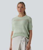 Round Neck Short Sleeve Crochet Work Jumper — Mineral Gray — view 1