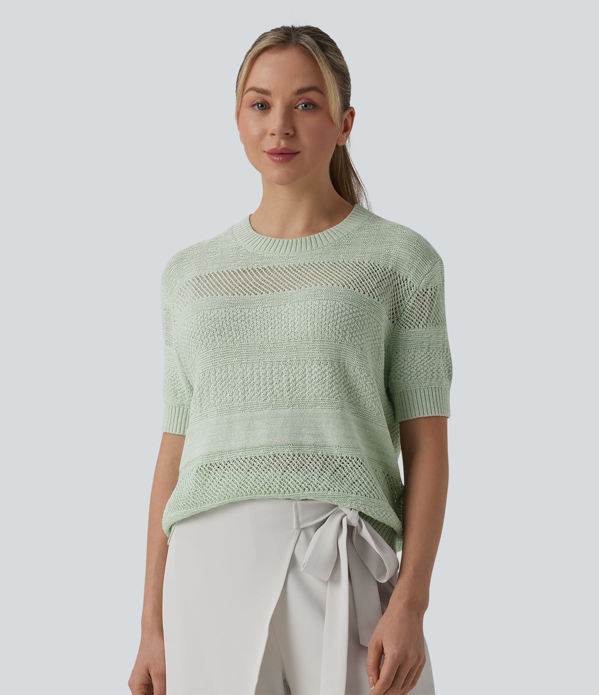 Round Neck Short Sleeve Crochet Work Jumper — Mineral Gray — view 1
