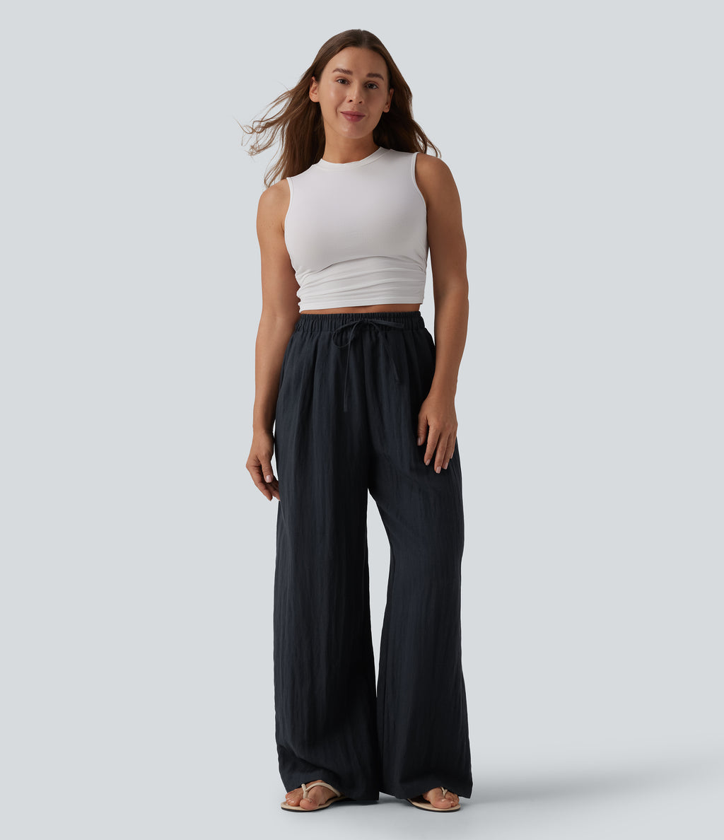 High Waisted Drawstring Linen Casual Baggy Trousers with Pockets — Carbon — view 5
