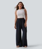 High Waisted Drawstring Linen Casual Baggy Trousers with Pockets — Carbon — view 5