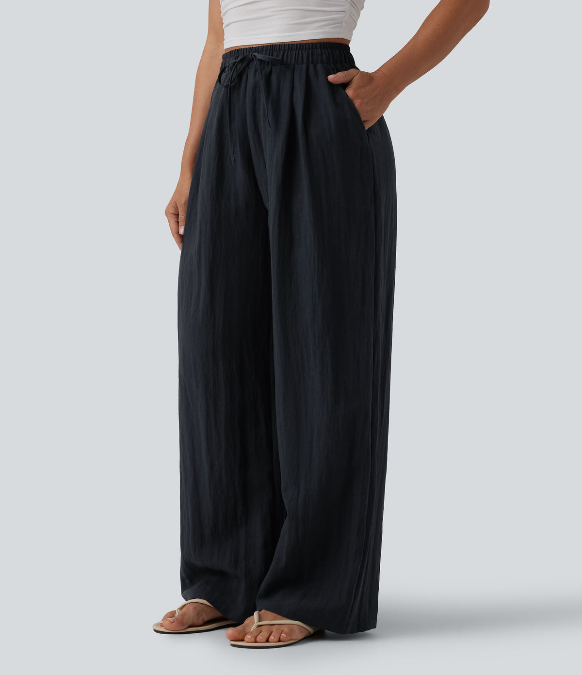 High Waisted Drawstring Linen Casual Baggy Trousers with Pockets — Carbon — view 3