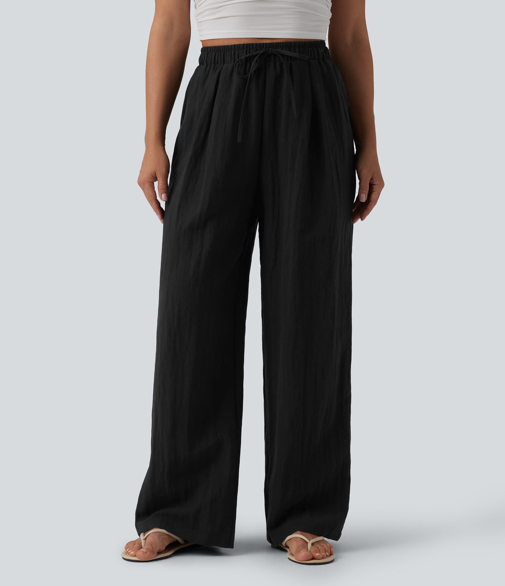 High Waisted Drawstring Linen Casual Baggy Trousers with Pockets — Black — view 6