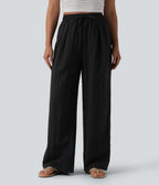 High Waisted Drawstring Linen Casual Baggy Trousers with Pockets — Black — view 6