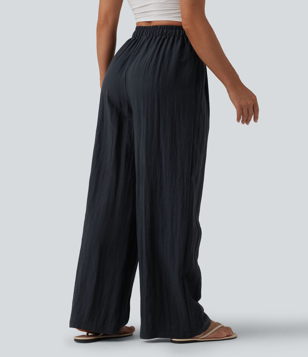 High Waisted Drawstring Linen Casual Baggy Trousers with Pockets — Carbon — view 2