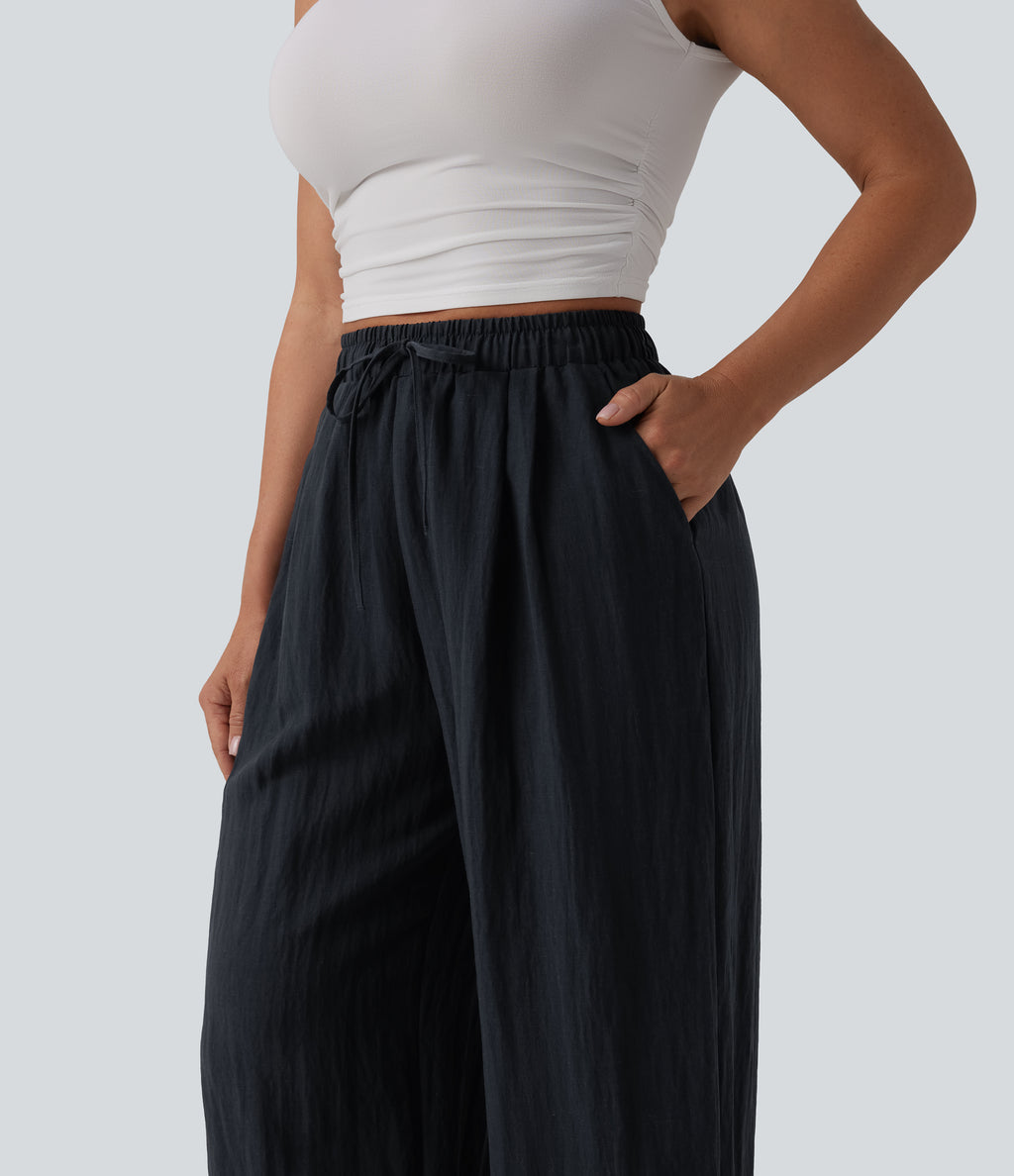 High Waisted Drawstring Linen Casual Baggy Trousers with Pockets — Carbon — view 4
