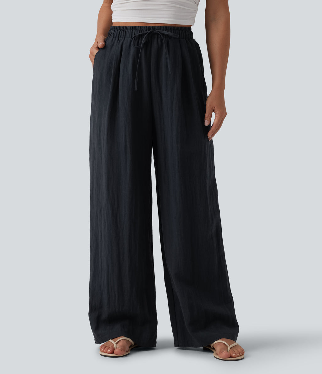 High Waisted Drawstring Linen Casual Baggy Trousers with Pockets — Carbon — view 1