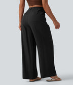 High Waisted Drawstring Linen-Feel Casual Baggy Trousers with Pockets — Black — view 2