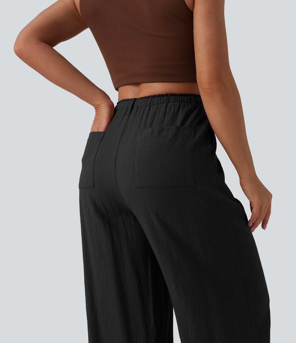 High Waisted Drawstring Linen-Feel Casual Baggy Trousers with Pockets — Black — view 5
