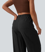 High Waisted Drawstring Linen-Feel Casual Baggy Trousers with Pockets — Black — view 5