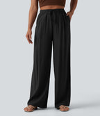 High Waisted Drawstring Linen-Feel Casual Baggy Trousers with Pockets — Black — view 1