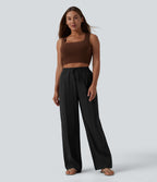 High Waisted Drawstring Linen-Feel Casual Baggy Trousers with Pockets — Black — view 6