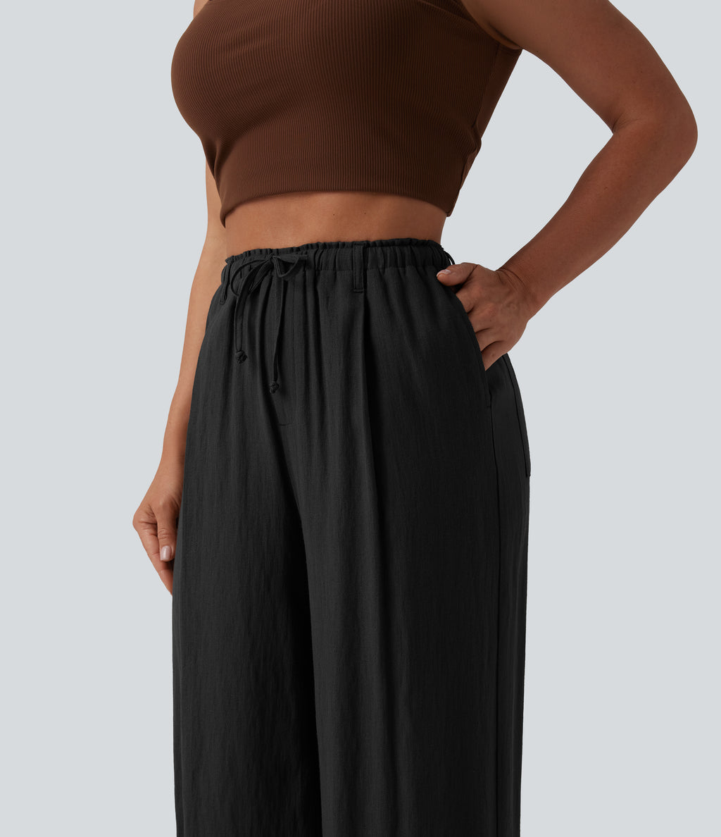 High Waisted Drawstring Linen-Feel Casual Baggy Trousers with Pockets — Black — view 4