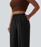 High Waisted Drawstring Linen-Feel Casual Baggy Trousers with Pockets — Black — view 4