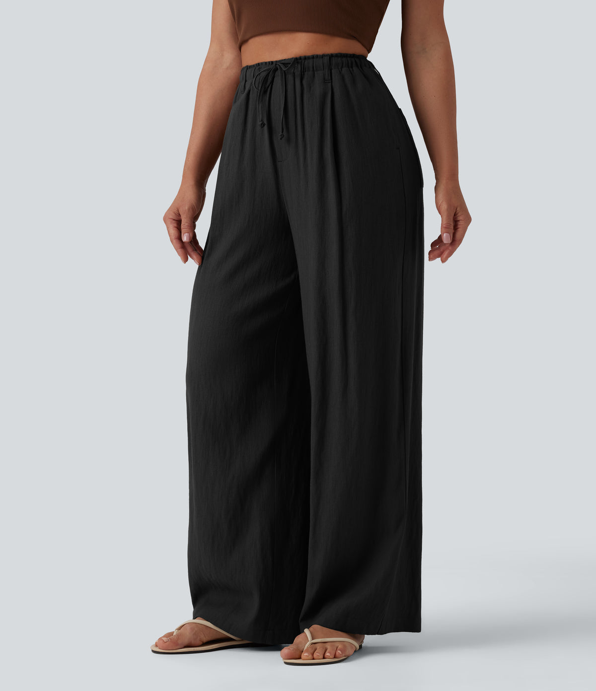 High Waisted Drawstring Linen-Feel Casual Baggy Trousers with Pockets — Black — view 3