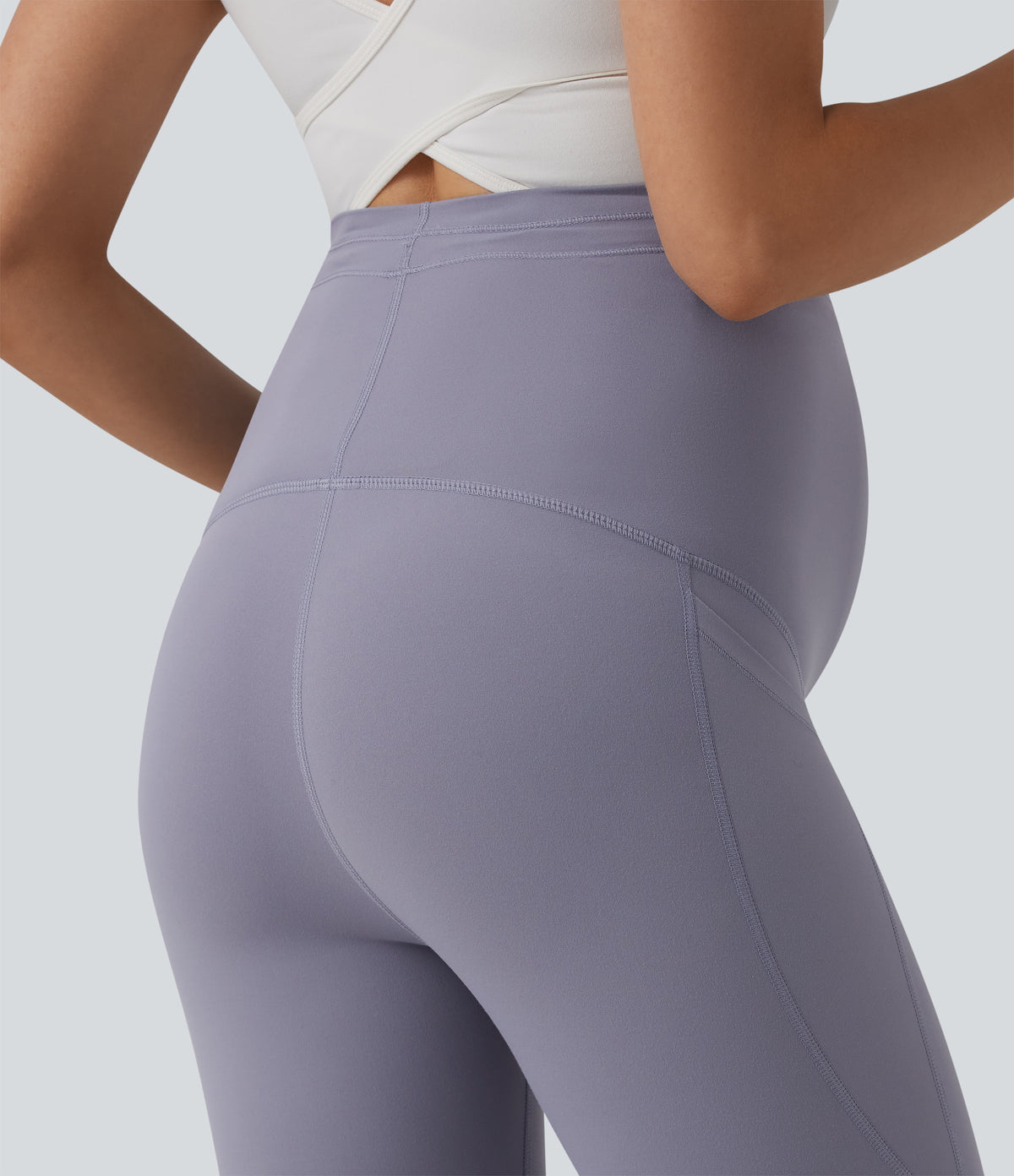 Ultra High-Waist Drawstring Plain 7/8 Yoga Maternity Leggings with Pockets — Falling Gray Purple — view 5