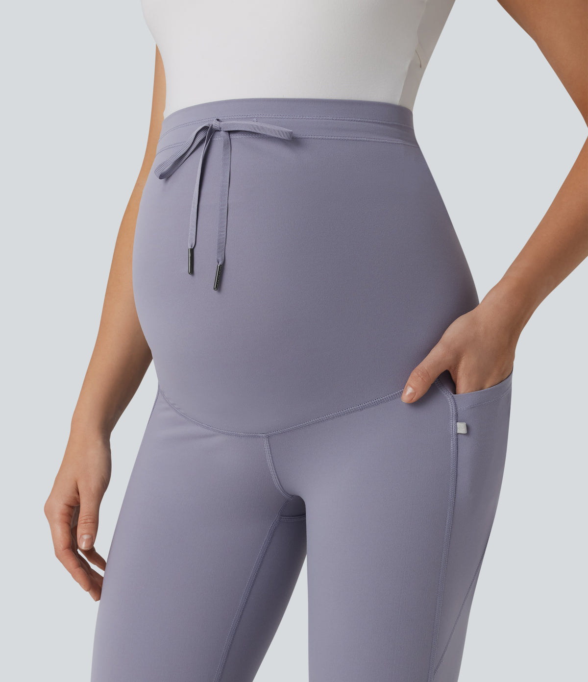 Ultra High-Waist Drawstring Plain 7/8 Yoga Maternity Leggings with Pockets — Falling Gray Purple — view 4