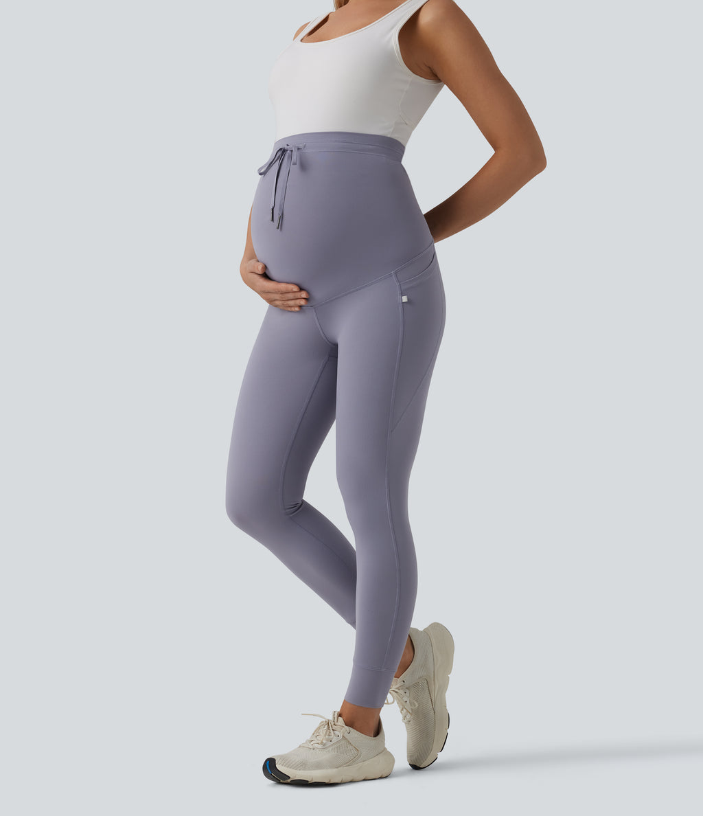 Ultra High-Waist Drawstring Plain 7/8 Yoga Maternity Leggings with Pockets — Falling Gray Purple — view 6
