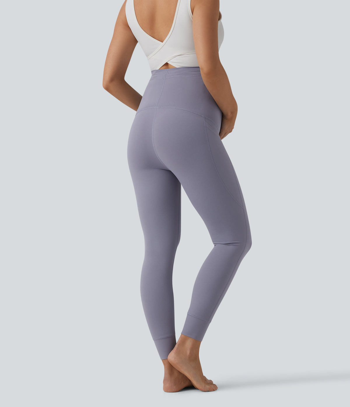 Ultra High-Waist Drawstring Plain 7/8 Yoga Maternity Leggings with Pockets — Falling Gray Purple — view 2