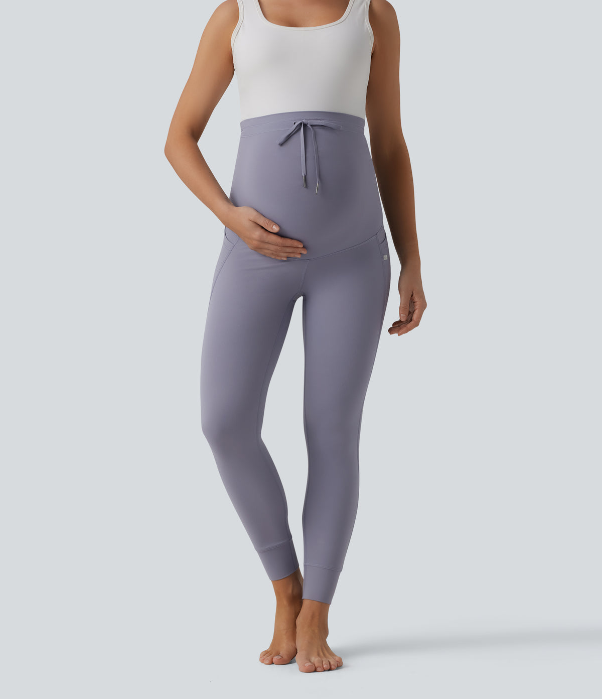 Ultra High-Waist Drawstring Plain 7/8 Yoga Maternity Leggings with Pockets — Falling Gray Purple — view 3