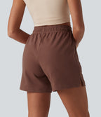 High Waisted Drawstring Split Hem Baggy Quick Dry Casual Cotton Sweat Shorts with Pockets — Root Beer — view 2