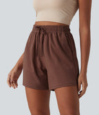 High Waisted Drawstring Split Hem Baggy Quick Dry Casual Cotton Sweat Shorts with Pockets — Root Beer — view 4