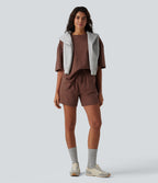 High Waisted Drawstring Split Hem Baggy Quick Dry Casual Cotton Sweat Shorts with Pockets — Root Beer — view 6