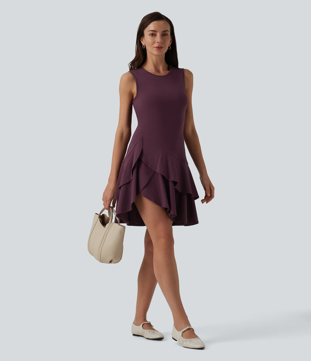 Airy Round Neck Sleeveless Layered Ruffle Hem InstantCool Mini Casual Dress — Fig — view 6