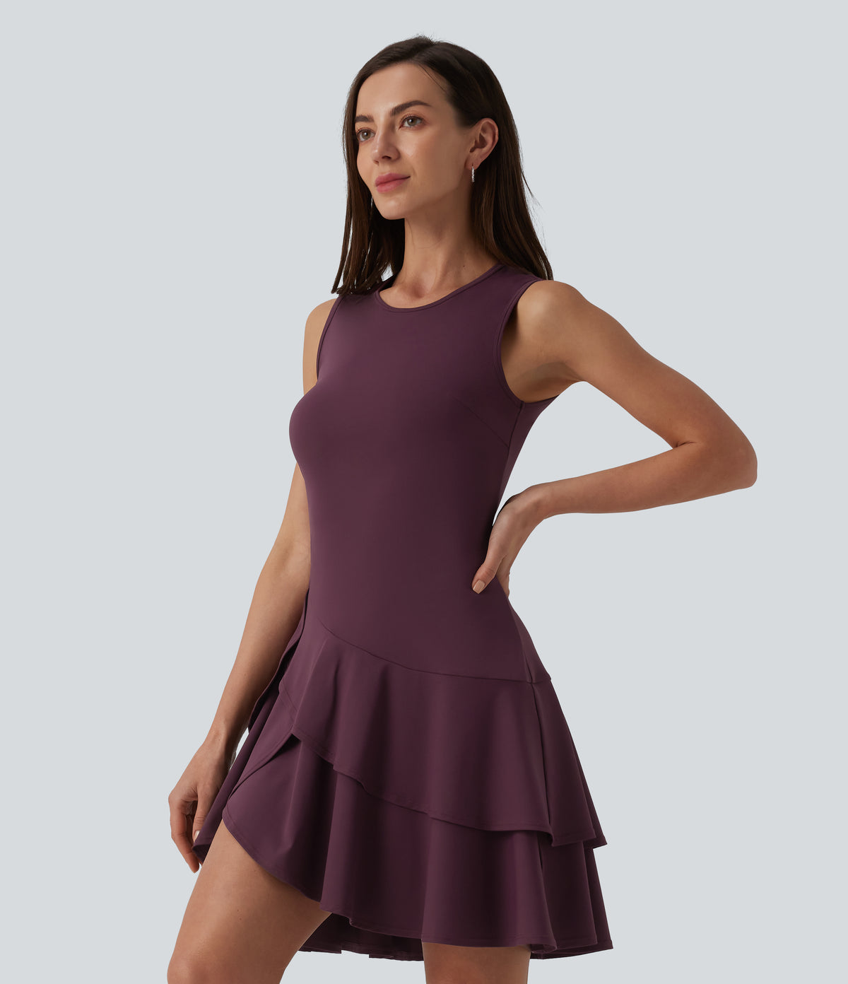 Airy Round Neck Sleeveless Layered Ruffle Hem InstantCool Mini Casual Dress — Fig — view 1