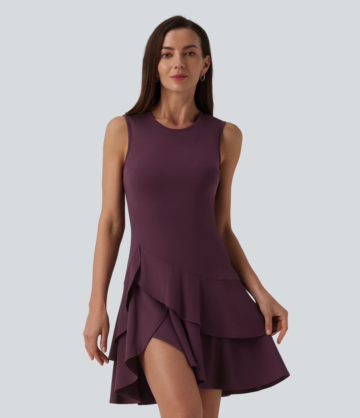 Airy Round Neck Sleeveless Layered Ruffle Hem InstantCool Mini Casual Dress — Fig — view 3