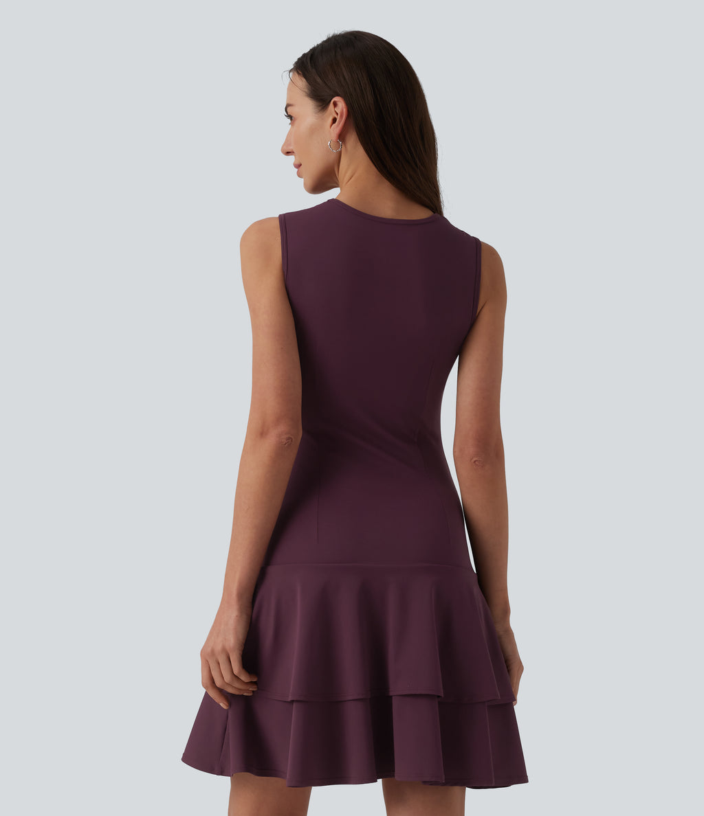 Airy Round Neck Sleeveless Layered Ruffle Hem InstantCool Mini Casual Dress — Fig — view 2