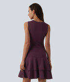 Airy Round Neck Sleeveless Layered Ruffle Hem InstantCool Mini Casual Dress — Fig — view 2