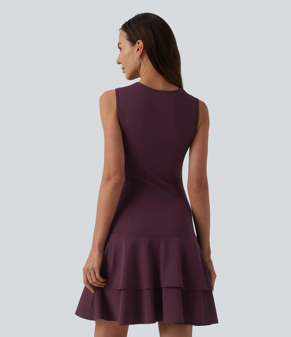 Airy Round Neck Sleeveless Layered Ruffle Hem InstantCool Mini Casual Dress — Fig — view 2