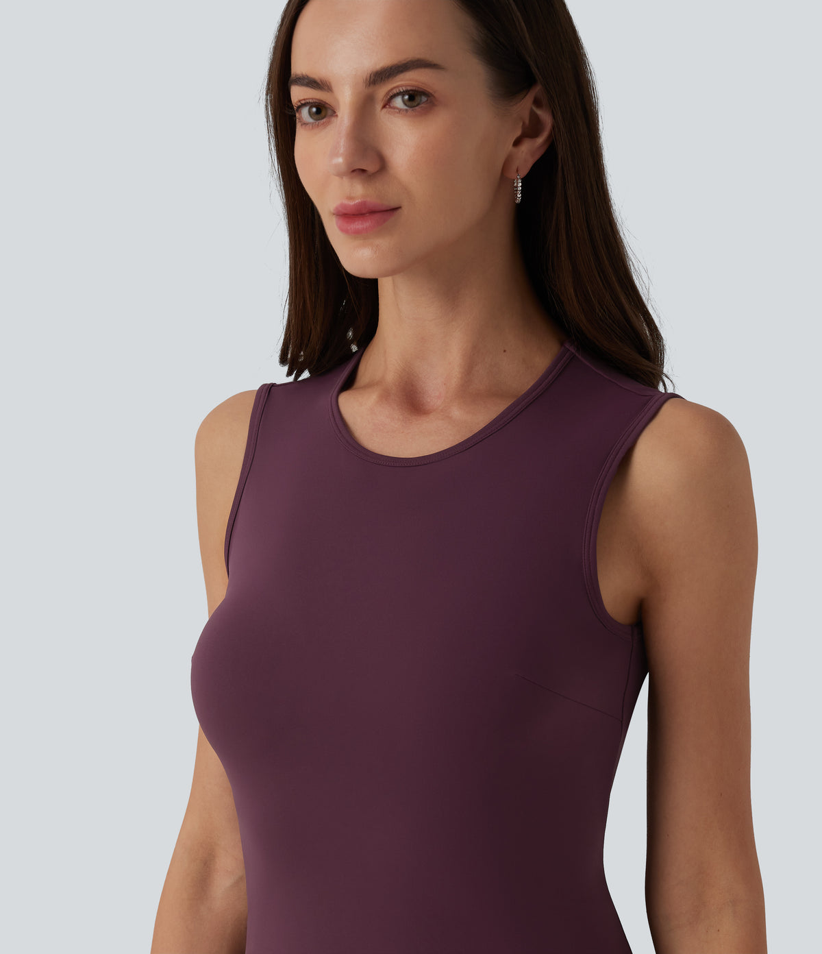 Airy Round Neck Sleeveless Layered Ruffle Hem InstantCool Mini Casual Dress — Fig — view 4