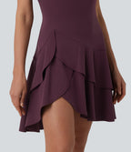 Airy Round Neck Sleeveless Layered Ruffle Hem InstantCool Mini Casual Dress — Fig — view 5