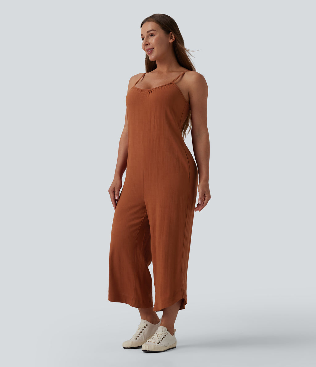 Wide Leg Casual Linen-Feel Slip Jumpsuit with Pockets — Rust — view 3