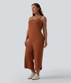 Wide Leg Casual Linen-Feel Slip Jumpsuit with Pockets — Rust — view 3