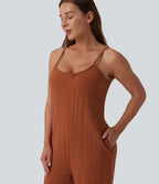 Wide Leg Casual Linen-Feel Slip Jumpsuit with Pockets — Rust — view 5