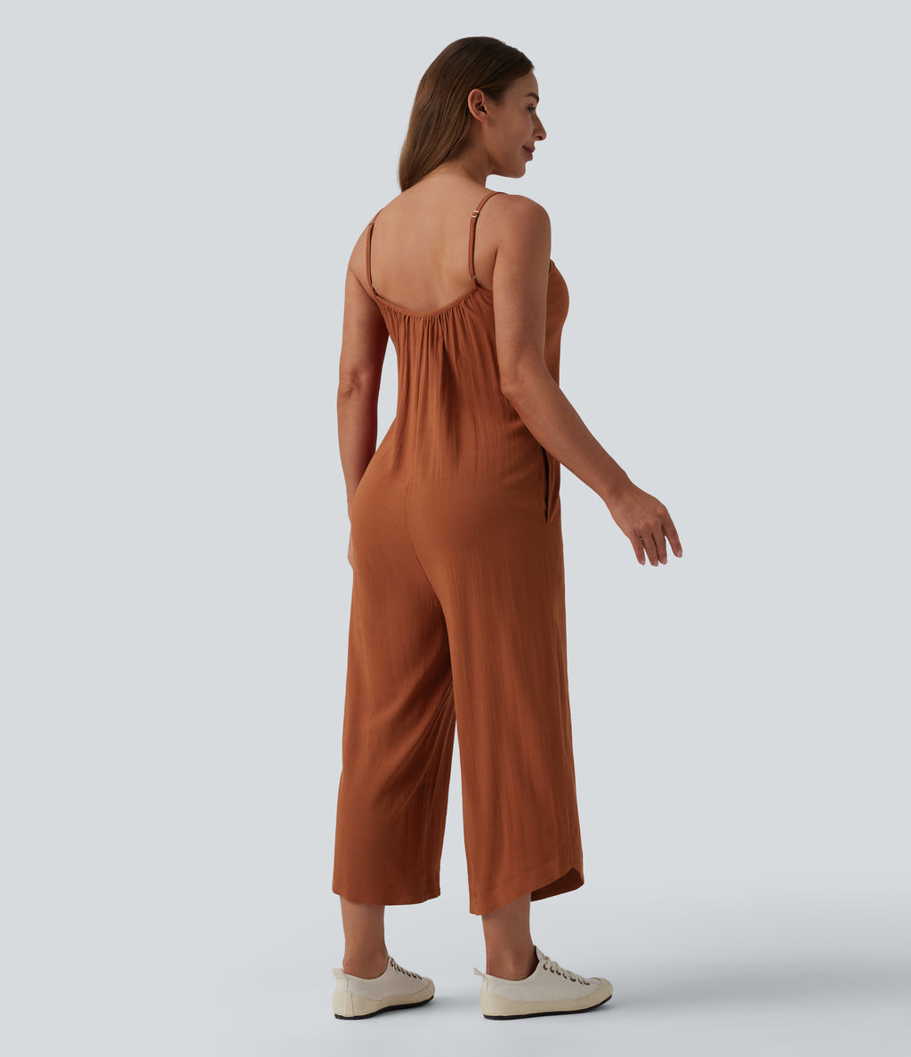 Wide Leg Casual Linen-Feel Slip Jumpsuit with Pockets — Rust — view 2